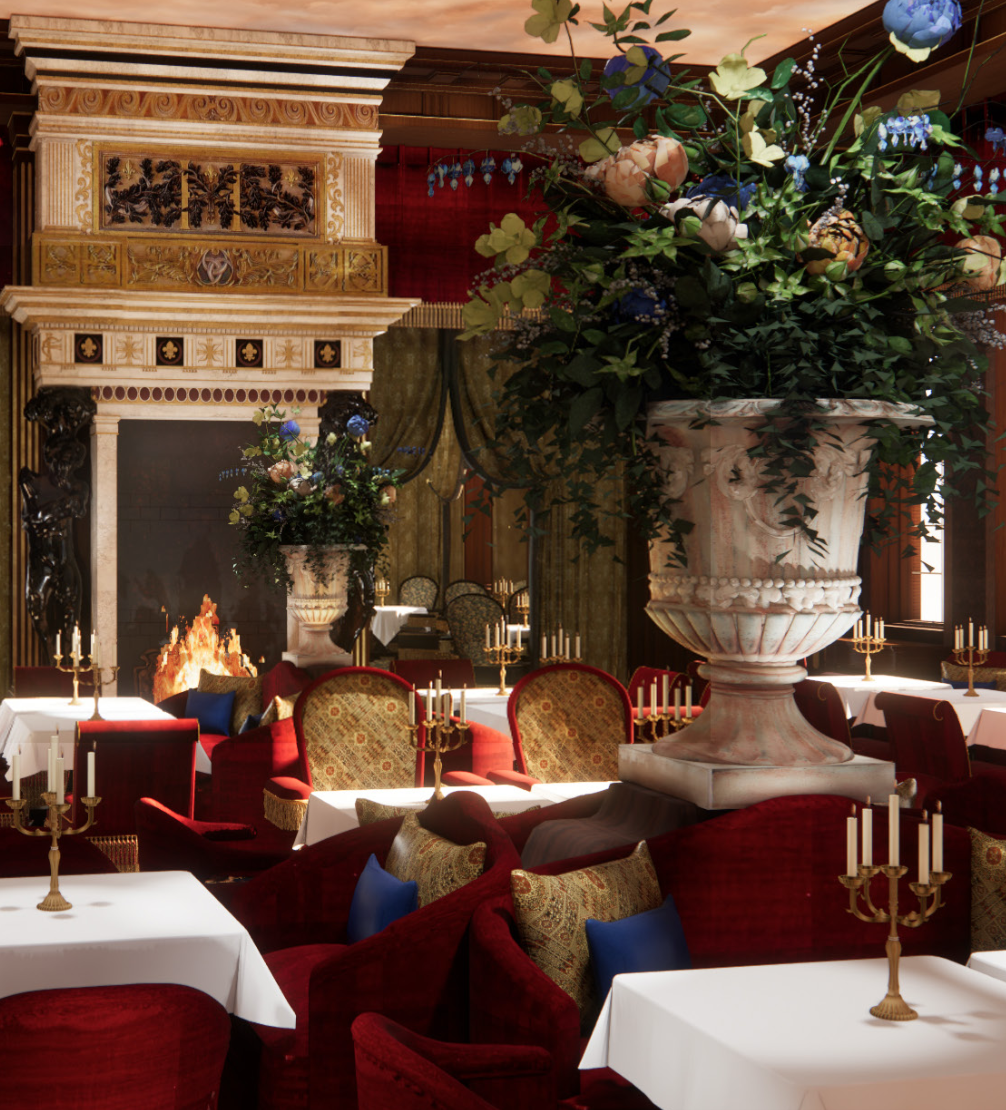 The dining room, in claret