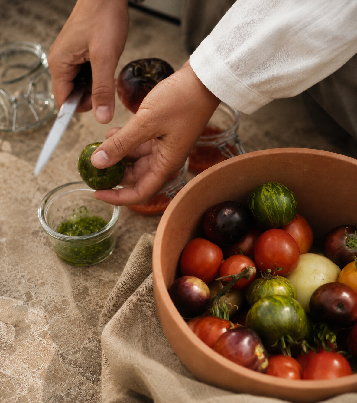 Heirloom tomatoes, prepared by hand