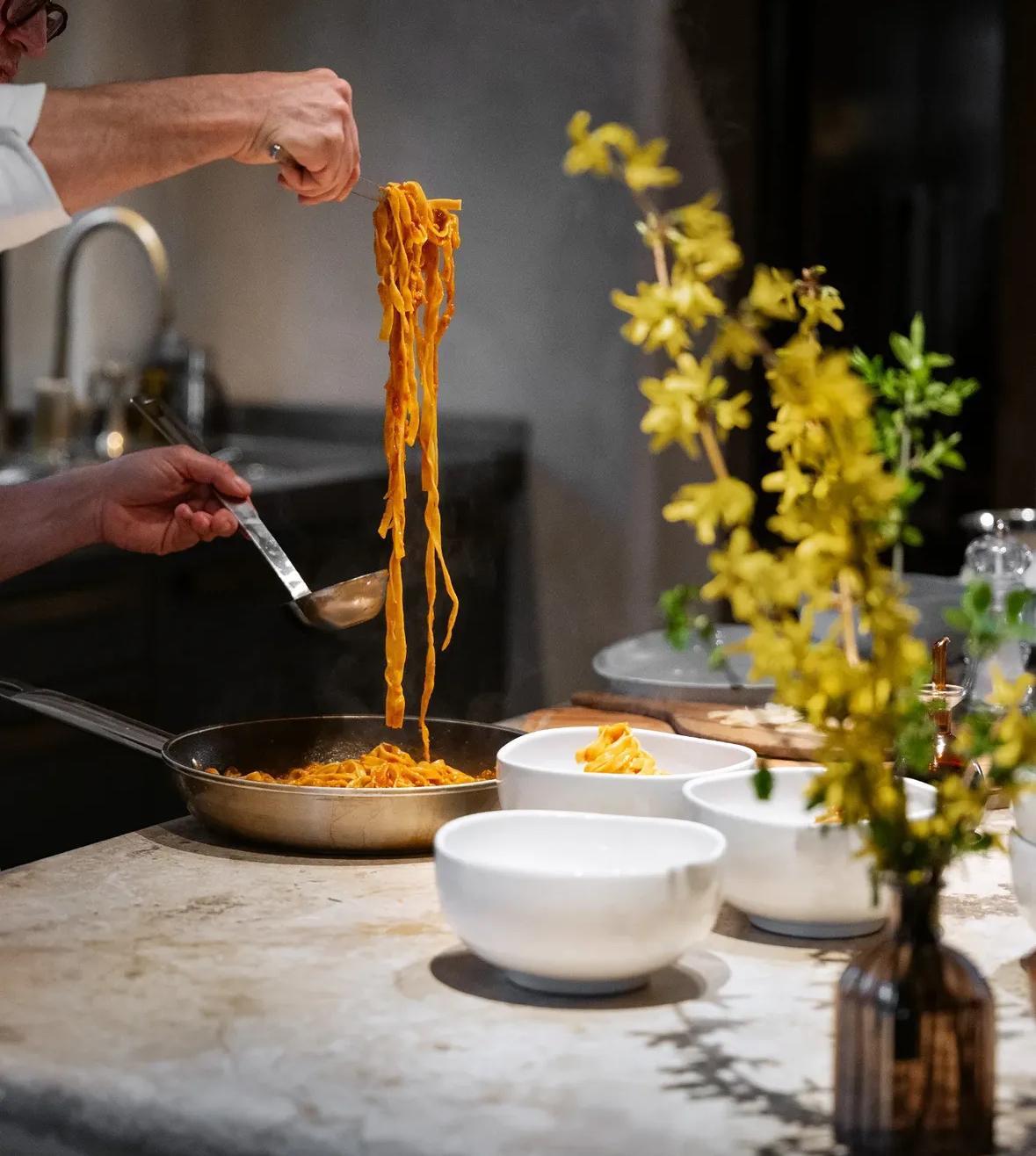 Pasta, lifted from the pan