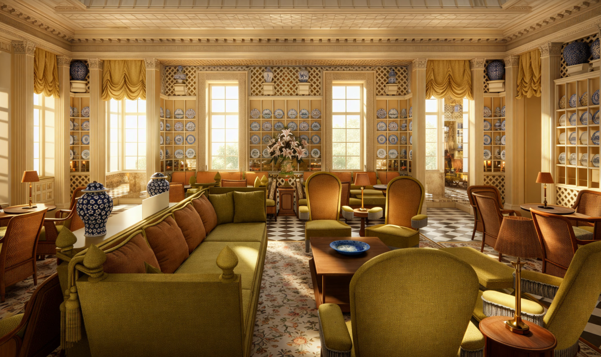 The salon, lined with porcelain