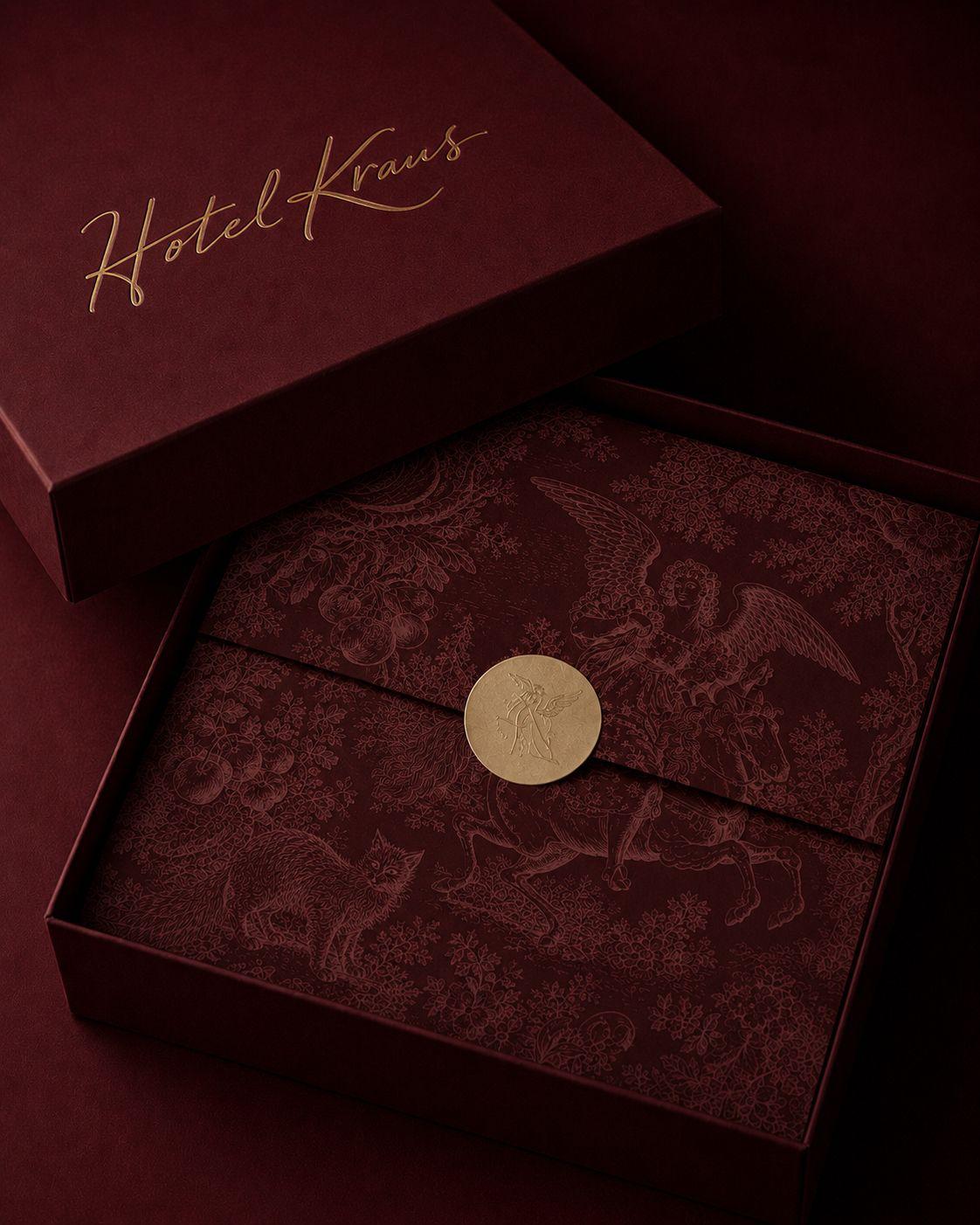 The box, toile on burgundy